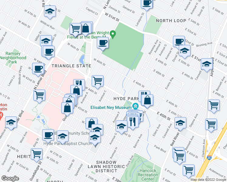 map of restaurants, bars, coffee shops, grocery stores, and more near West 45th Street & Avenue D in Austin