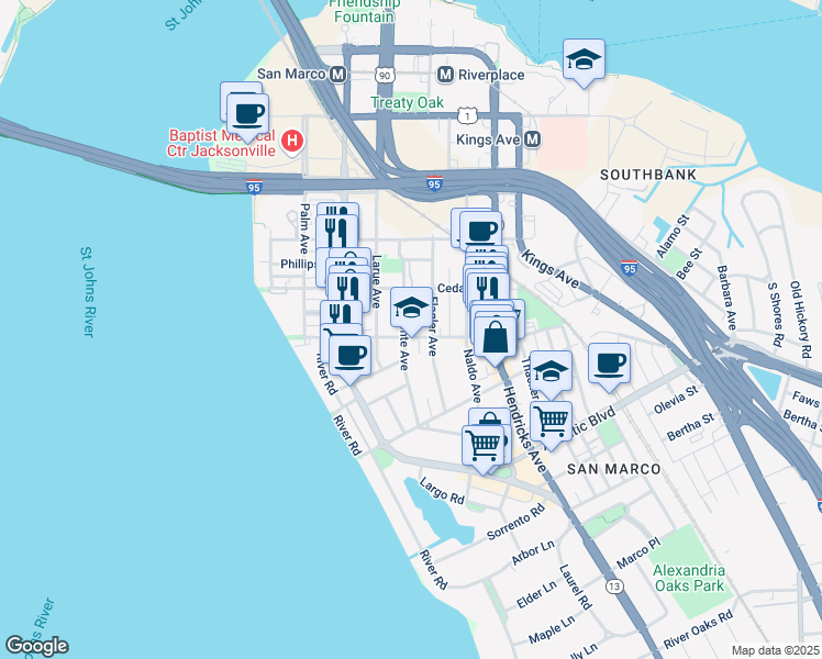map of restaurants, bars, coffee shops, grocery stores, and more near 1131 Lasalle Street in Jacksonville