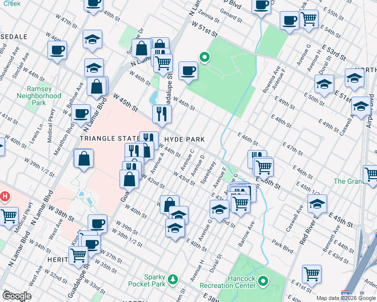 map of restaurants, bars, coffee shops, grocery stores, and more near 4406 Avenue C in Austin