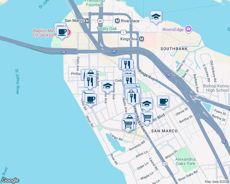map of restaurants, bars, coffee shops, grocery stores, and more near 1305 Lasalle Street in Jacksonville