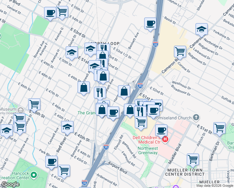map of restaurants, bars, coffee shops, grocery stores, and more near 930 East 49th 1/2 Street in Austin