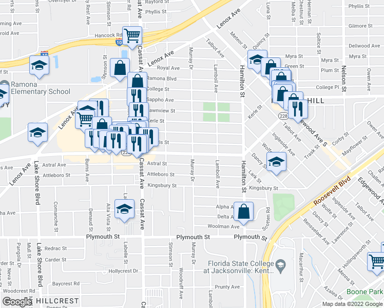 map of restaurants, bars, coffee shops, grocery stores, and more near Post St & Murray Dr in Jacksonville