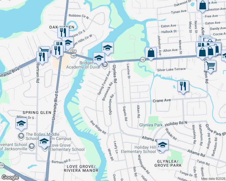 map of restaurants, bars, coffee shops, grocery stores, and more near 277 Brunswick Road in Jacksonville