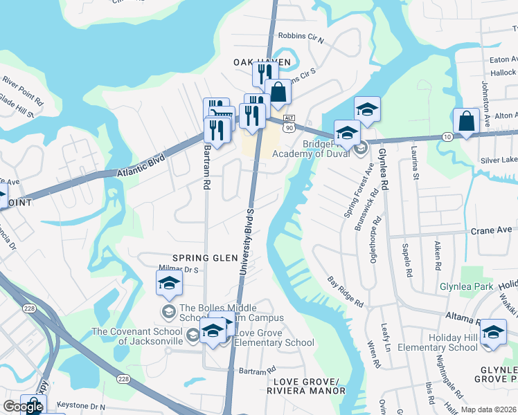 map of restaurants, bars, coffee shops, grocery stores, and more near 1909 University Boulevard South in Jacksonville