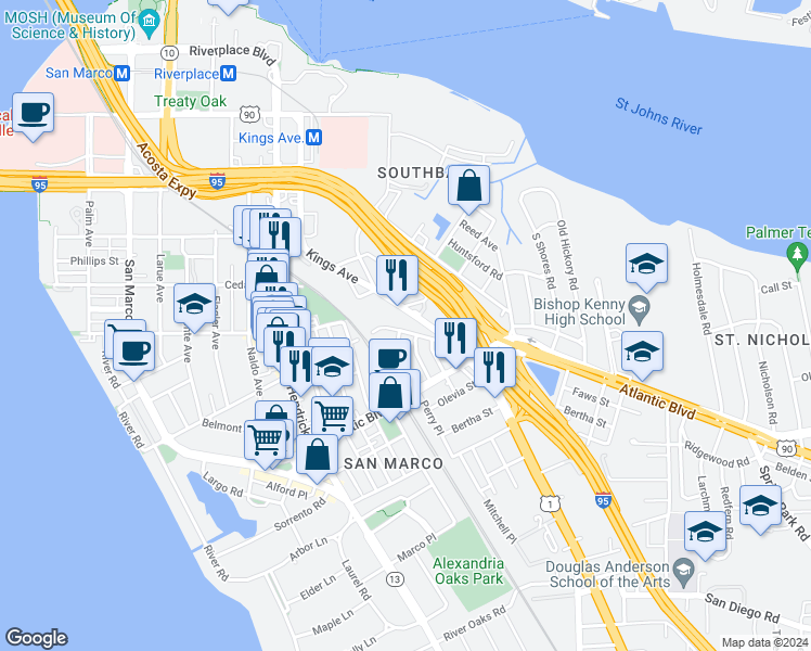map of restaurants, bars, coffee shops, grocery stores, and more near 1811 Landon Avenue in Jacksonville