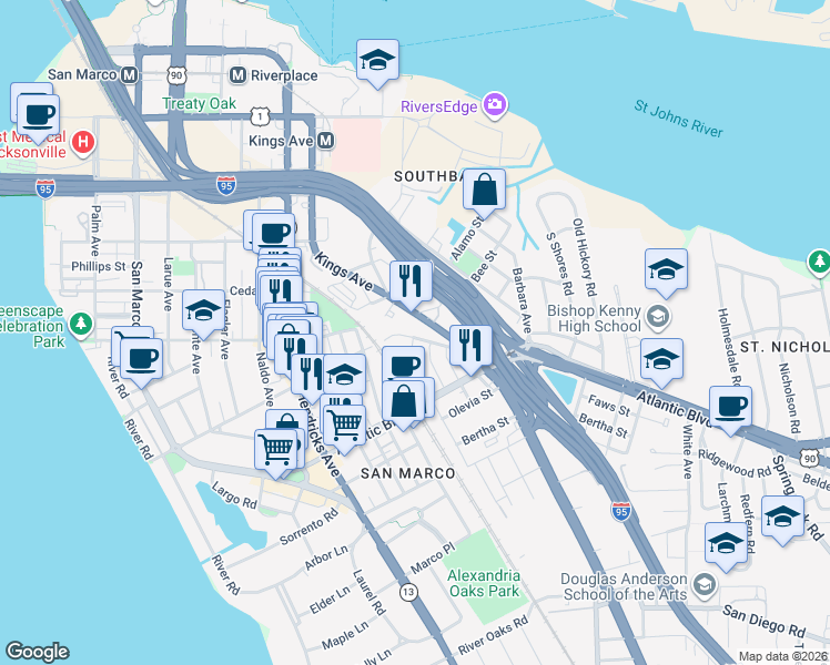 map of restaurants, bars, coffee shops, grocery stores, and more near 1811 Landon Avenue in Jacksonville
