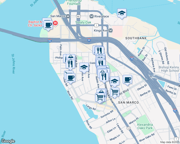 map of restaurants, bars, coffee shops, grocery stores, and more near 1305 Lasalle Street in Jacksonville