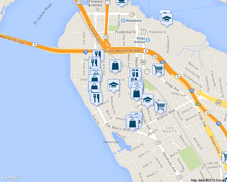 map of restaurants, bars, coffee shops, grocery stores, and more near 1131 Lasalle Street in Jacksonville