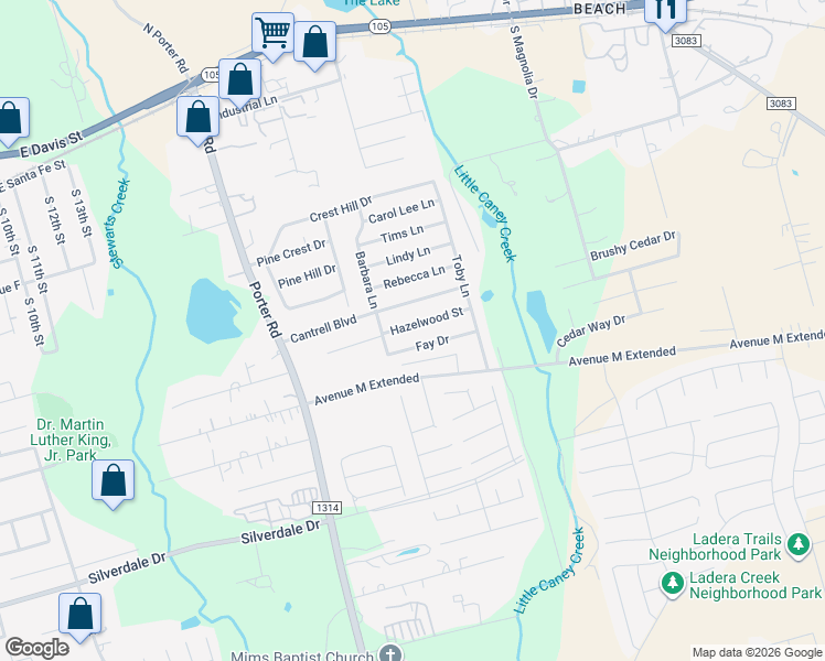 map of restaurants, bars, coffee shops, grocery stores, and more near 1722 Hazelwood Street in Conroe