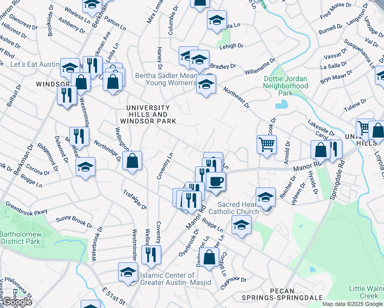 map of restaurants, bars, coffee shops, grocery stores, and more near 2603 Wheless Lane in Austin