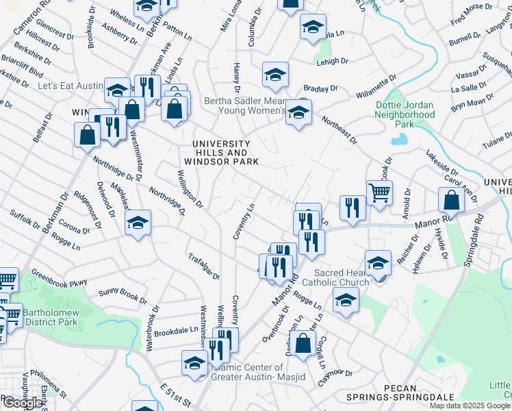 map of restaurants, bars, coffee shops, grocery stores, and more near 2502A Sweeney Lane in Austin