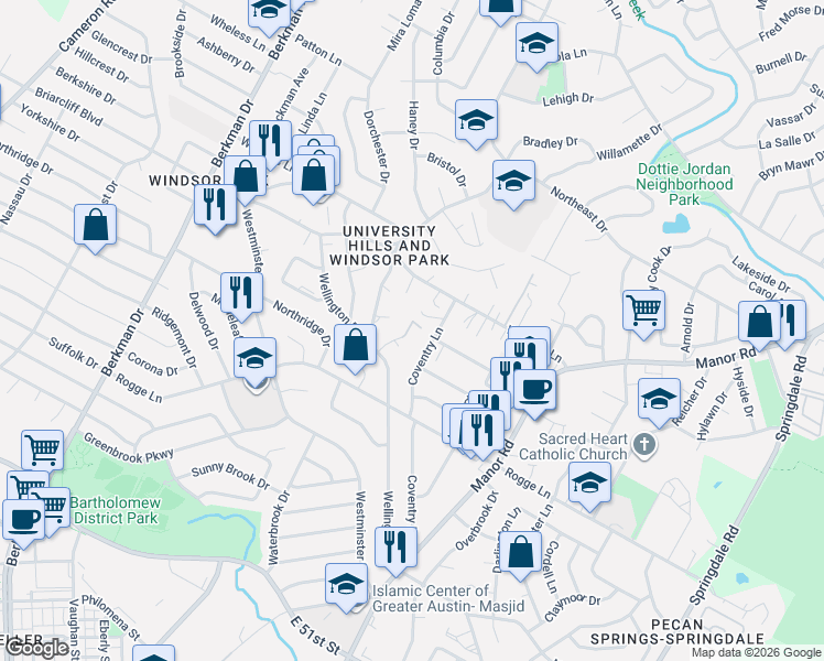 map of restaurants, bars, coffee shops, grocery stores, and more near 5708 Sutherlin Road in Austin