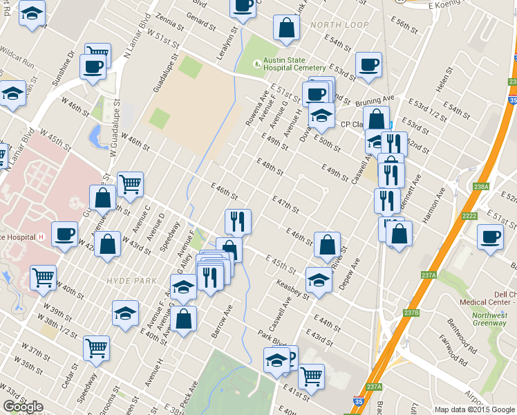 map of restaurants, bars, coffee shops, grocery stores, and more near 4600 Duval Street in Austin