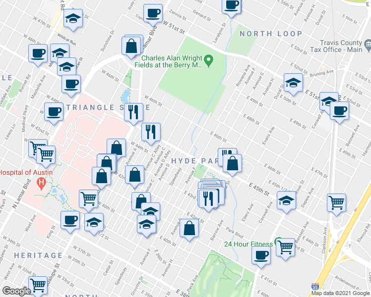 map of restaurants, bars, coffee shops, grocery stores, and more near 4505 Speedway in Austin