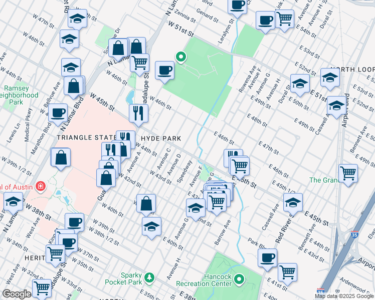 map of restaurants, bars, coffee shops, grocery stores, and more near 4414 Avenue D in Austin