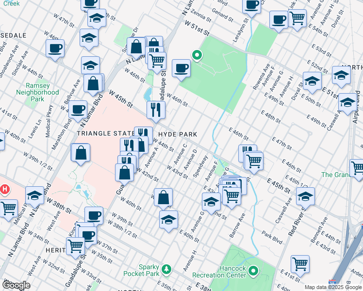 map of restaurants, bars, coffee shops, grocery stores, and more near in Austin