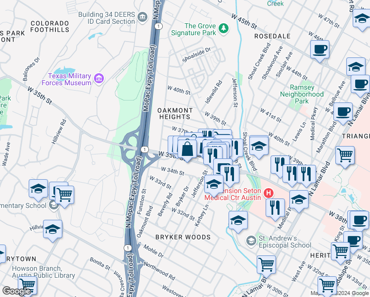 map of restaurants, bars, coffee shops, grocery stores, and more near 1813 West 36th Street in Austin