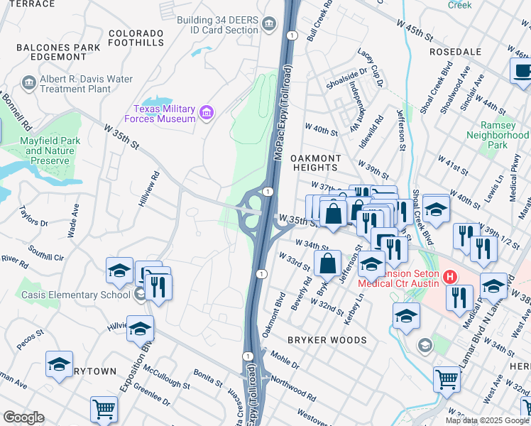 map of restaurants, bars, coffee shops, grocery stores, and more near W 35th St in Austin