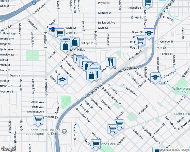 map of restaurants, bars, coffee shops, grocery stores, and more near 3443 Mayflower Street in Jacksonville
