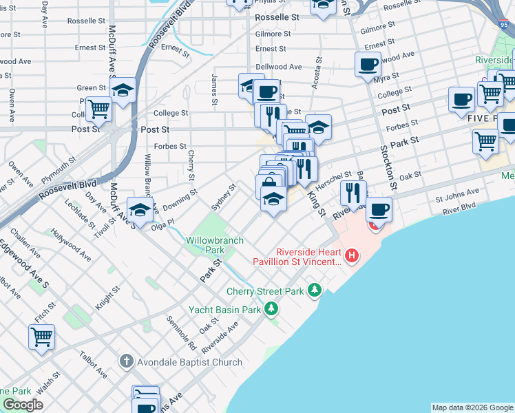 map of restaurants, bars, coffee shops, grocery stores, and more near 2795 Park Street in Jacksonville