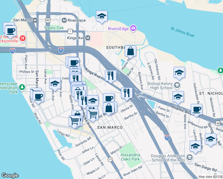 map of restaurants, bars, coffee shops, grocery stores, and more near 1811 Landon Avenue in Jacksonville