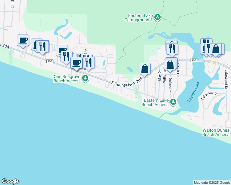 map of restaurants, bars, coffee shops, grocery stores, and more near 60 Sea Turtle Drive in Santa Rosa Beach