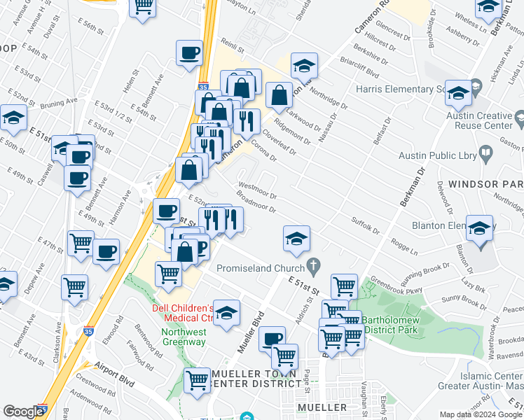 map of restaurants, bars, coffee shops, grocery stores, and more near 1307 Broadmoor Drive in Austin