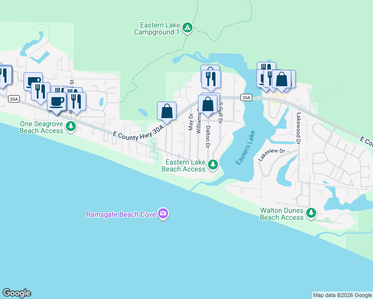 map of restaurants, bars, coffee shops, grocery stores, and more near 247 May Drive in Santa Rosa Beach