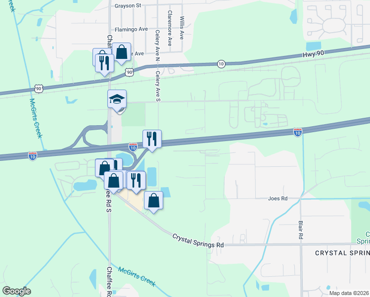 map of restaurants, bars, coffee shops, grocery stores, and more near 10841 Center Street South in Jacksonville