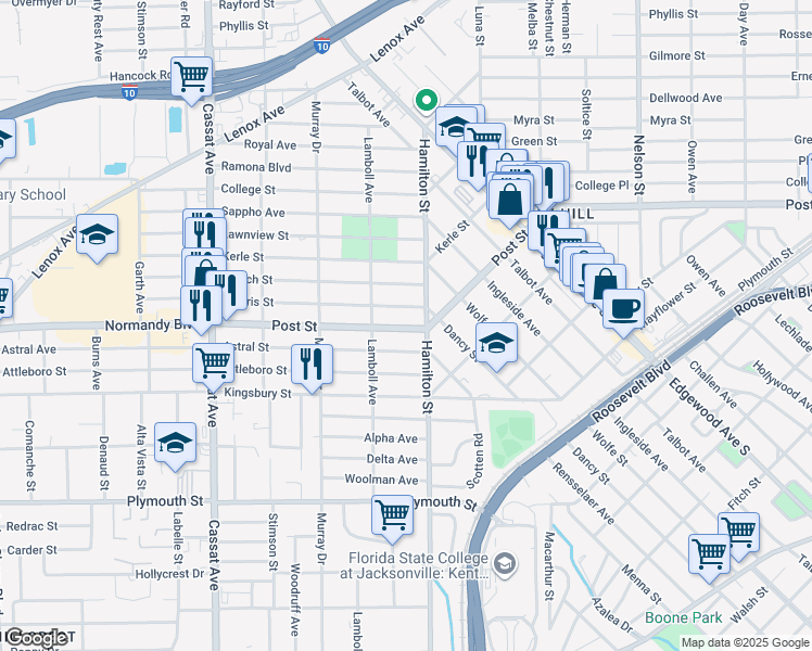 map of restaurants, bars, coffee shops, grocery stores, and more near 4525 Florida 228 in Jacksonville
