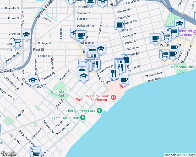 map of restaurants, bars, coffee shops, grocery stores, and more near 2715 Oak Street in Jacksonville