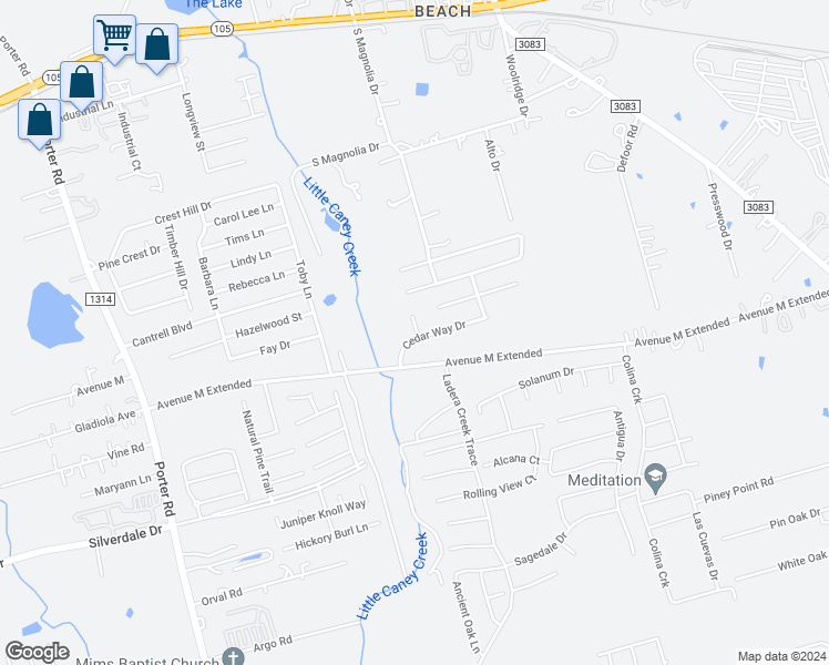 map of restaurants, bars, coffee shops, grocery stores, and more near 1324 Clear Cedar Court in Conroe