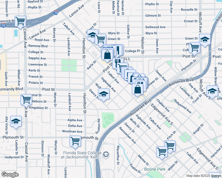 map of restaurants, bars, coffee shops, grocery stores, and more near 1076 Ingleside Avenue in Jacksonville