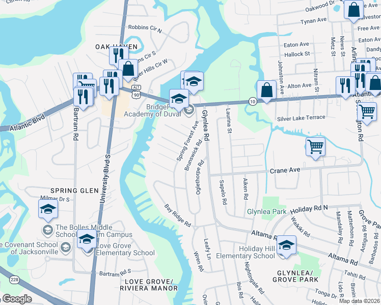 map of restaurants, bars, coffee shops, grocery stores, and more near 277 Brunswick Road in Jacksonville