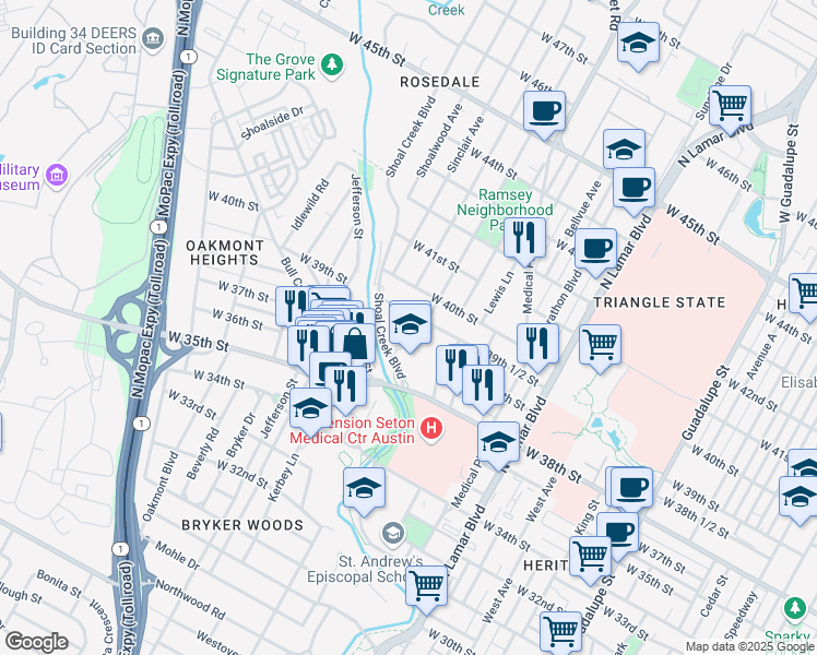 map of restaurants, bars, coffee shops, grocery stores, and more near 1509 West 39th 1/2 Street in Austin