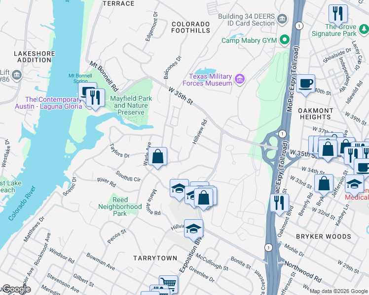 map of restaurants, bars, coffee shops, grocery stores, and more near 3200 Hillview Road in Austin