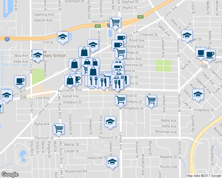 map of restaurants, bars, coffee shops, grocery stores, and more near 5050 Normandy Blvd in Jacksonville