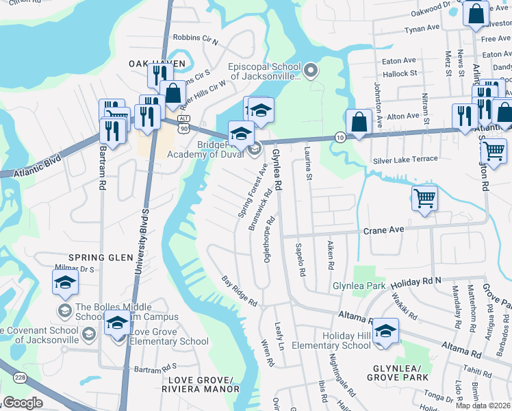 map of restaurants, bars, coffee shops, grocery stores, and more near 277 Brunswick Road in Jacksonville