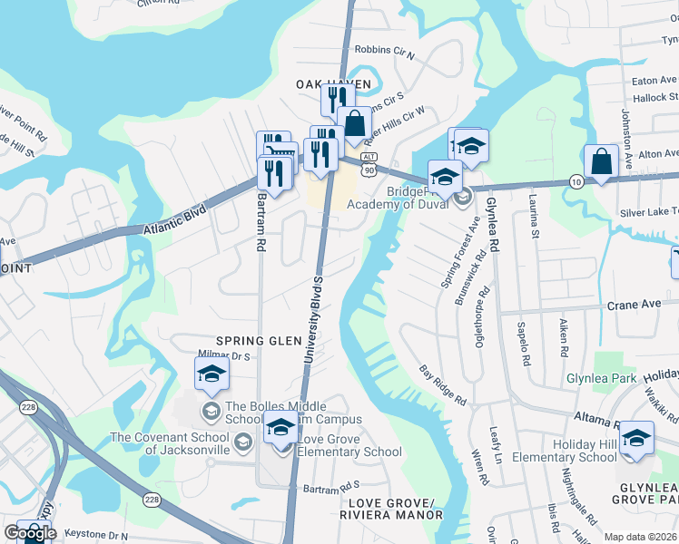 map of restaurants, bars, coffee shops, grocery stores, and more near 1919 University Boulevard South in Jacksonville