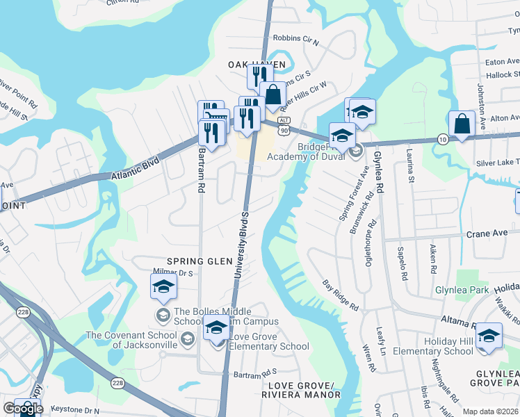 map of restaurants, bars, coffee shops, grocery stores, and more near 1919 University Boulevard South in Jacksonville