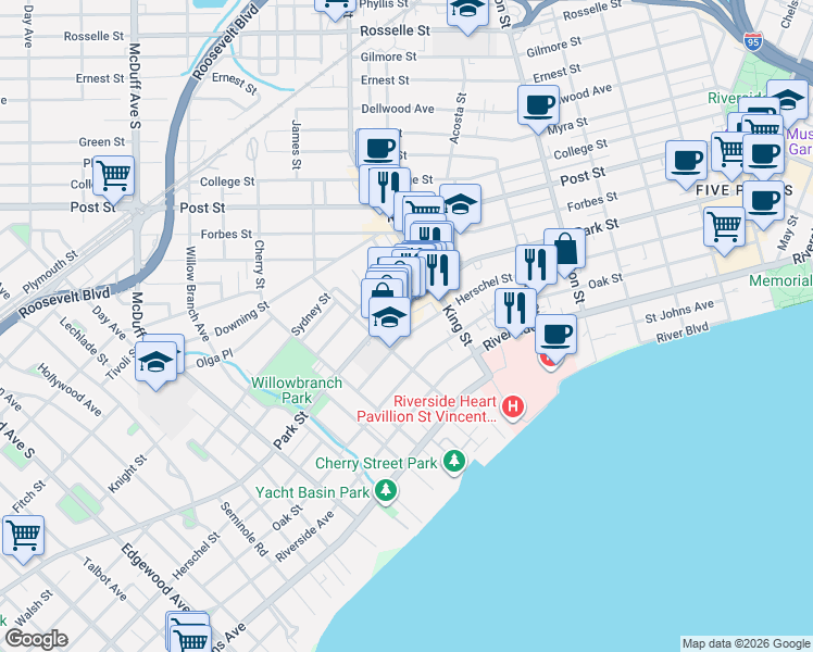 map of restaurants, bars, coffee shops, grocery stores, and more near 2746 Herschel Street in Jacksonville