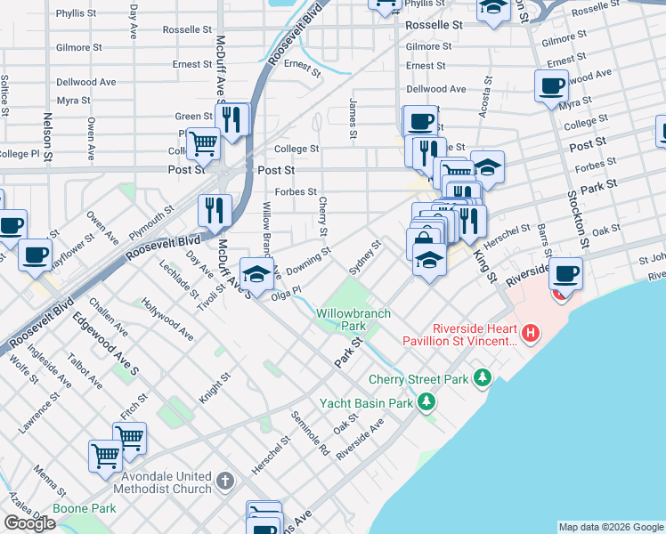 map of restaurants, bars, coffee shops, grocery stores, and more near 2878 Olga Place in Jacksonville