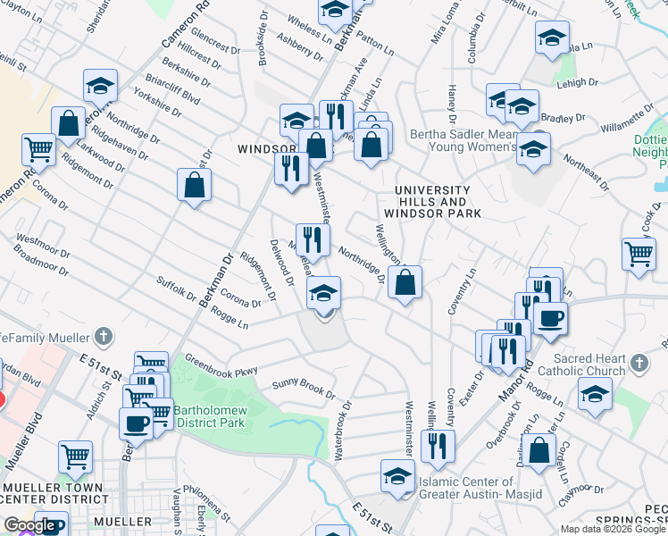 map of restaurants, bars, coffee shops, grocery stores, and more near 5602 Westminster Drive in Austin