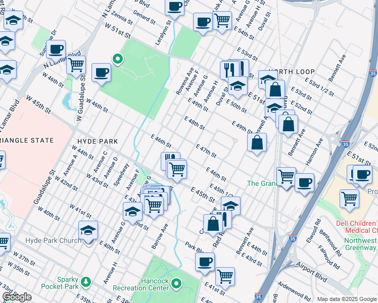 map of restaurants, bars, coffee shops, grocery stores, and more near 4600 Duval Street in Austin