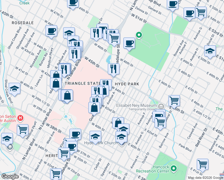 map of restaurants, bars, coffee shops, grocery stores, and more near in Austin