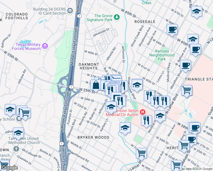 map of restaurants, bars, coffee shops, grocery stores, and more near 3513 Lawton Avenue in Austin