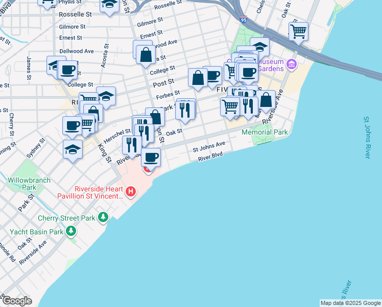 map of restaurants, bars, coffee shops, grocery stores, and more near 1805 Osceola Street in Jacksonville