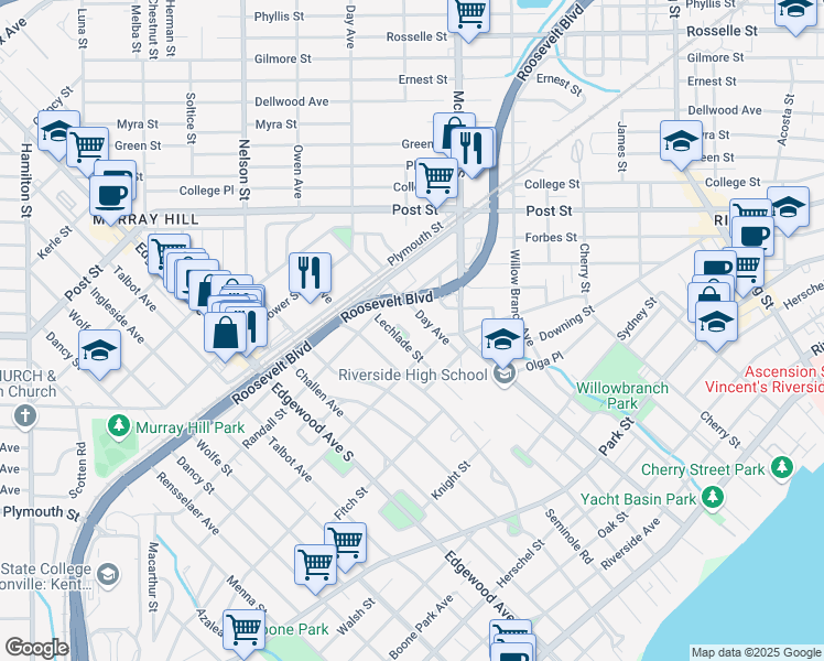 map of restaurants, bars, coffee shops, grocery stores, and more near 1277 Lechlade Circle in Jacksonville