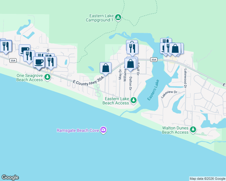 map of restaurants, bars, coffee shops, grocery stores, and more near 18 North Ryan Street in Santa Rosa Beach