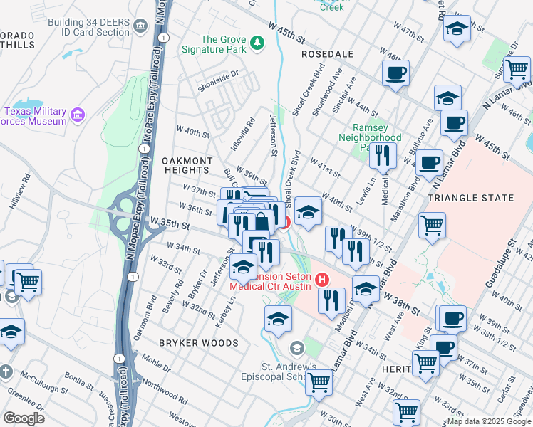 map of restaurants, bars, coffee shops, grocery stores, and more near 1600 West 38th Street in Austin